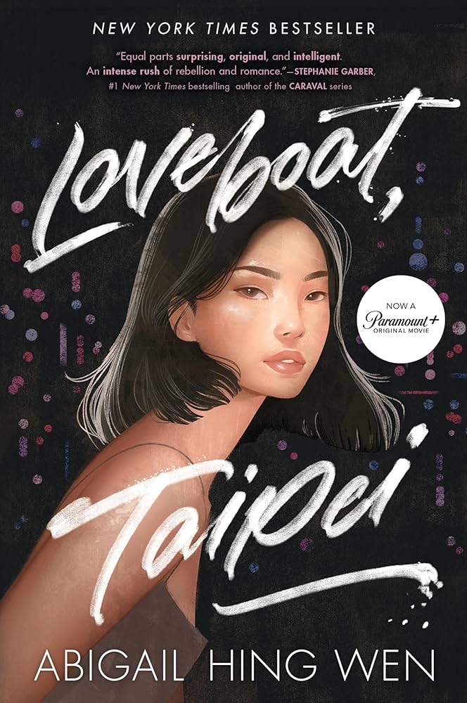 The cover image for the book, Loveboat, Taipei by Abigail Hing Wen. A girl with black, shoulder-length hair against a black background with faint pastel dots like sparkles. 